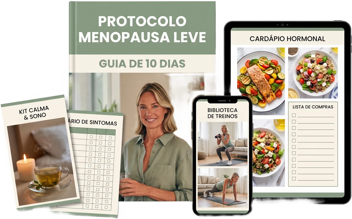 Tudo o que você recebe em PDF: o Guia do Protocolo, o Cardápio Hormonal, a Biblioteca de Treinos, o Kit Calma & Sono e o Diário de Sintomas